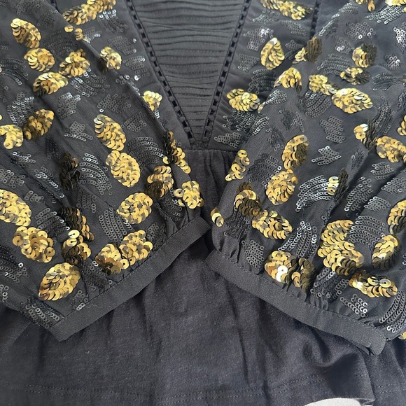 Anthropologie Neale Sequin Embellished Top XS Black Gold Bell Peplum Hem Cropped - Picture 7 of 10